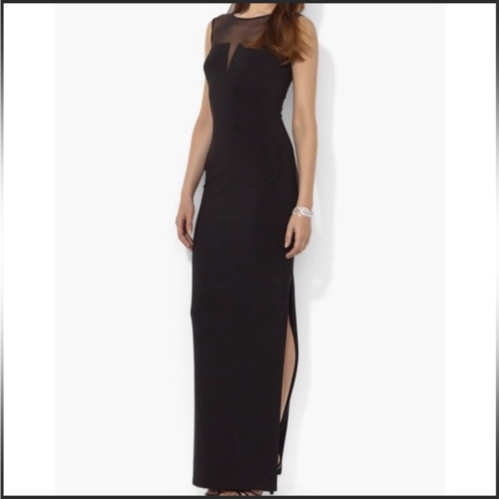 RALPH LAUREN Evening Gown Dress Black Illusion Yoke Ruched Waist Floor Length 4